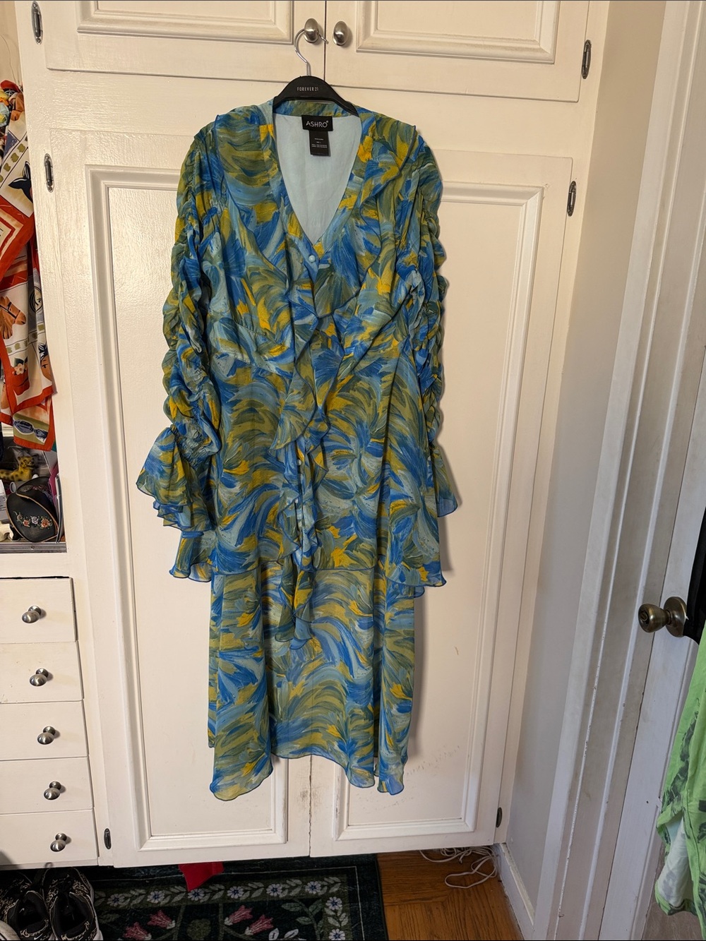 Ashro Blue, Green & Yellow Printed Ruffle Hi Lo dress or blouse